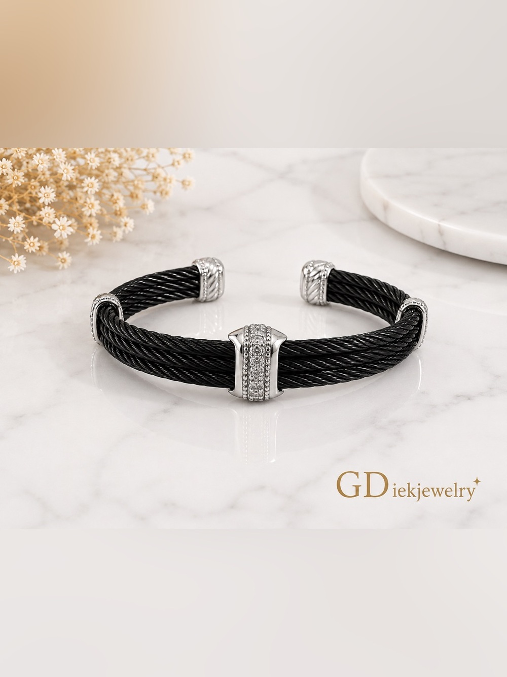 Stainless Steel Unisex Black Steel Cable Cuff Bracelet with Silver Accents
